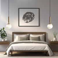 Two modern natural marble Aelios chandeliers that hang in the bedroom space above the sides of the bed.