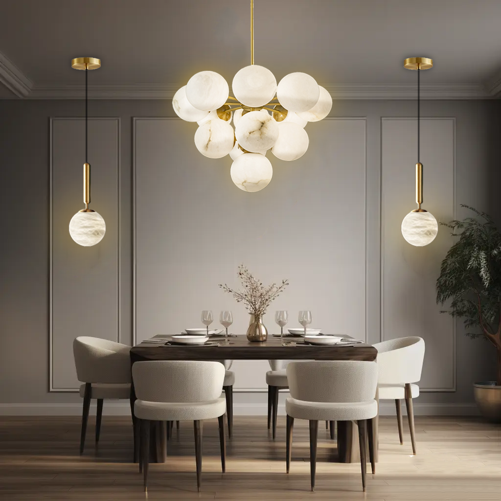 Display view of Aelios Chandelier in a modern dining room, hanging above the table.