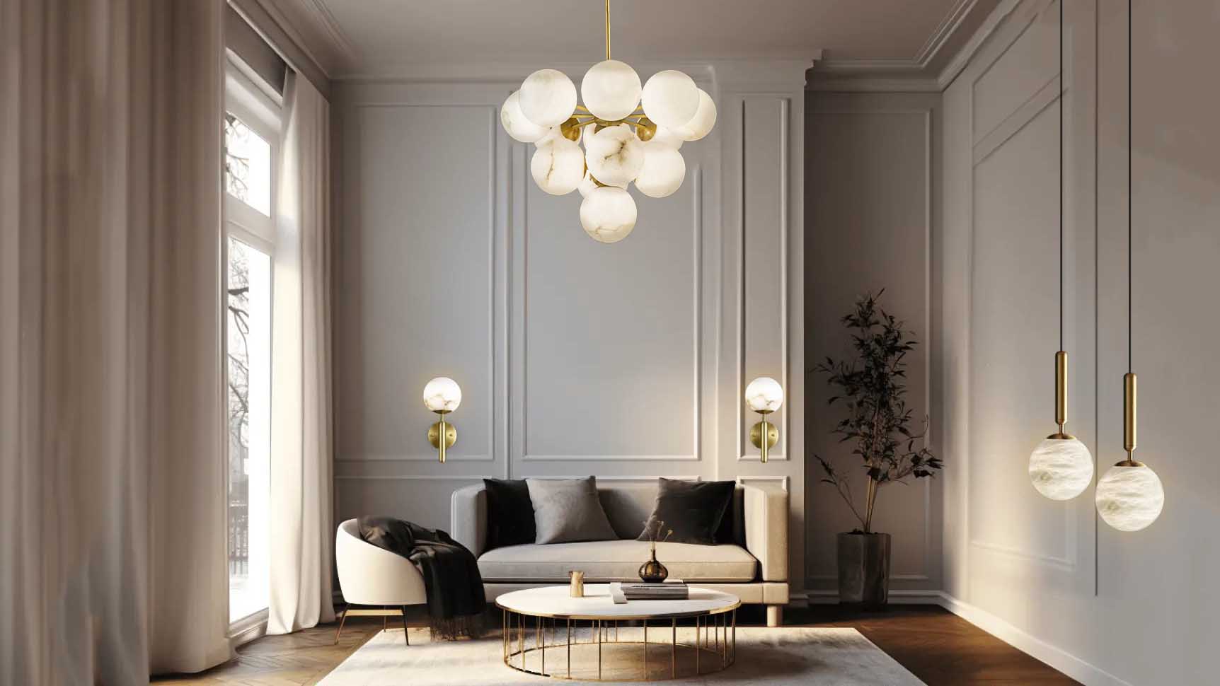 Showcase view of the Aelios collection with pendants, chandeliers and wall sconces.