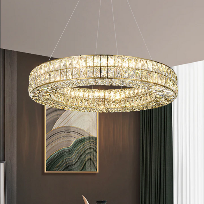 Cacci Circle crystal lighting in living room.