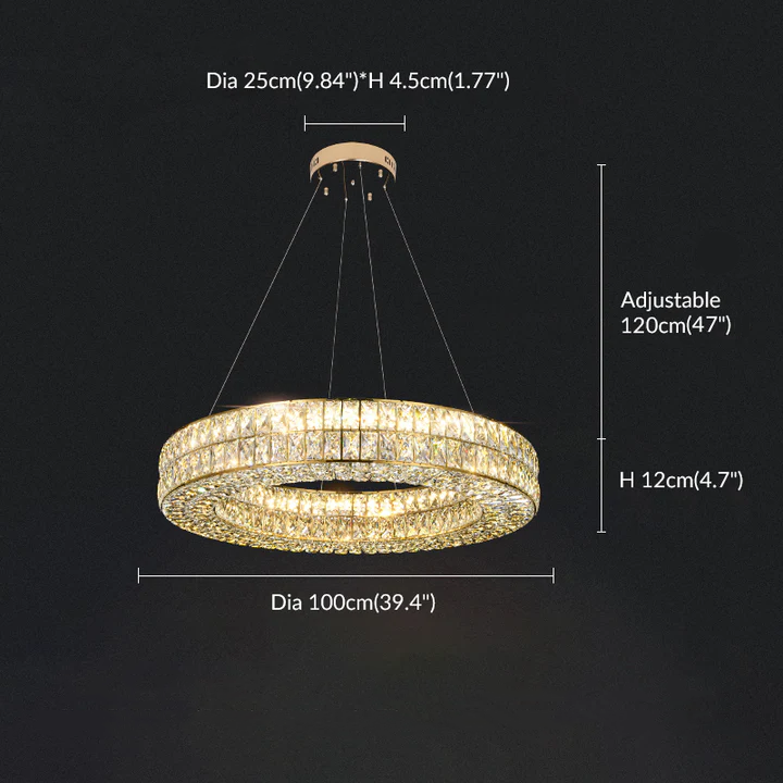 Dimensional drawing of the Cacci Circle crystal lighting with a light height of 4.7 inches and a light Length of 39.4 inches.