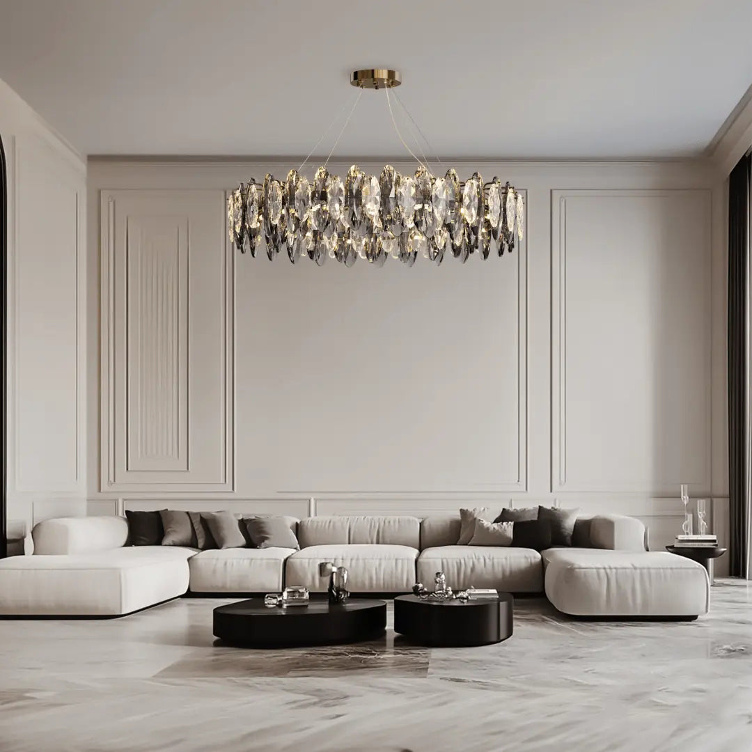 Crescent black crystal chandelier is on display in the living room, the crystal lighting hanging above the coffee table.