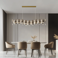 The Crescent crystal pendant light hangs in a contemporary style dining room.