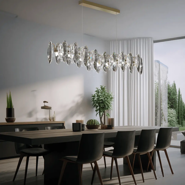 The Crescent crystal pendant light hangs in a black modern style dining room.