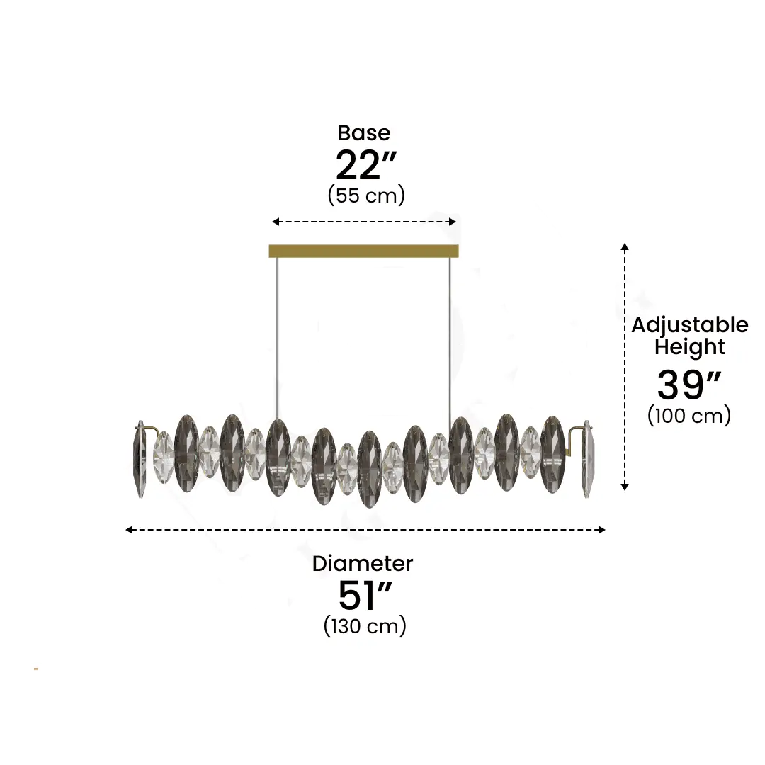 Large Crescent crystal pendant light Size, the crystal lighting height adjustable, recommended lamp height 39 inches, lamp width 51 inches.