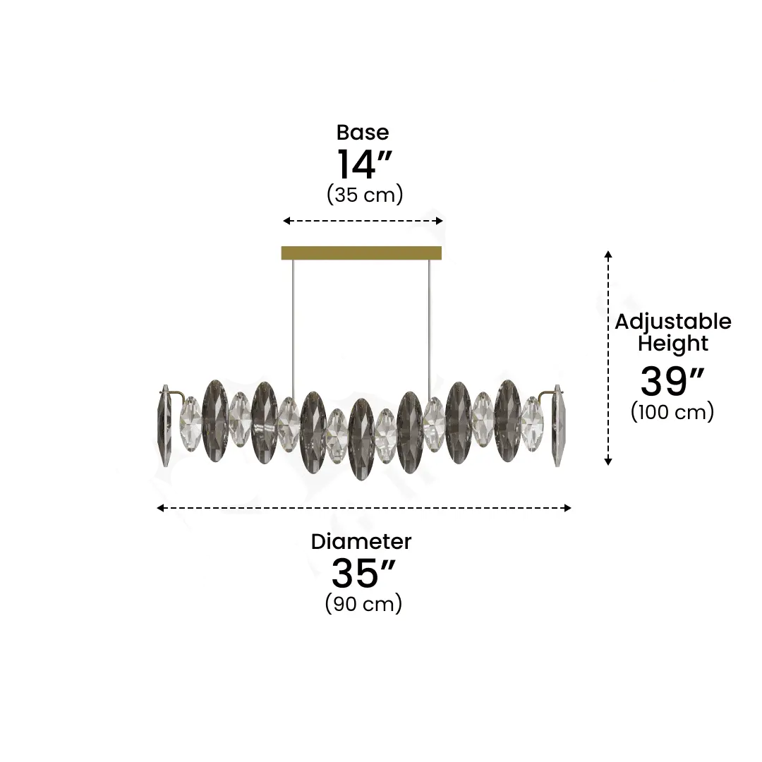 Medium Crescent crystal pendant light Size, the crystal light height adjustable, recommended lamp height 39 inches, lamp width 35 inches.