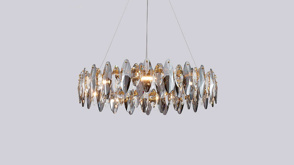 Light-on display of Crescent black crystal chandelier.