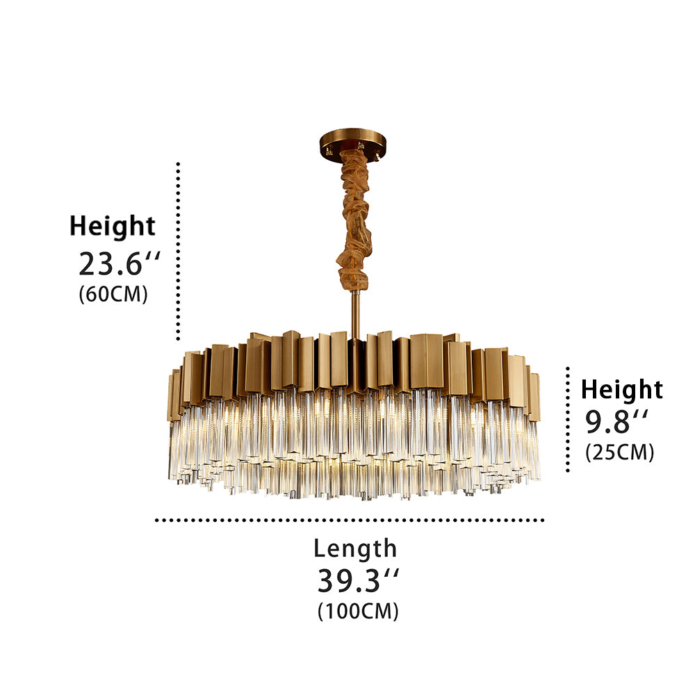 Large size of Hera crystal round chandelier, the crystal lighting Line heights 23.6 inch , light Length with 39.3 inch and heights 9.8 inch.
