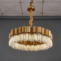 Photo of Hera crystal round chandelier,  showing the details of the crsytal and stainless steels.