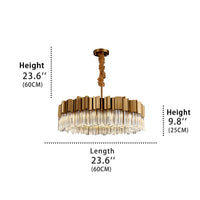 Small size of Hera crystal round chandelier, the crystal lighting Line heights 23.6 inch , light Length with 23.6 inch and heights 9.8 inch.
