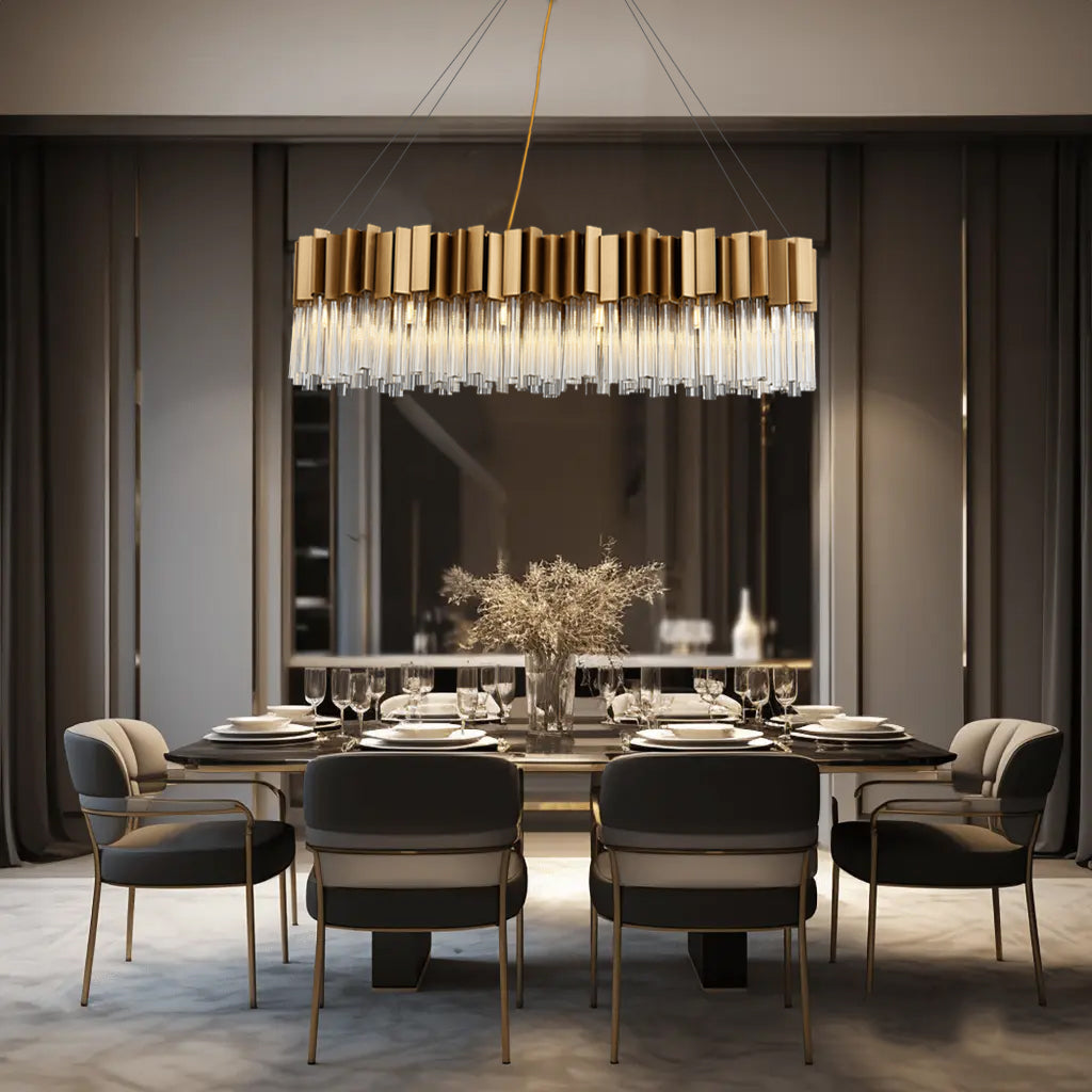 crystal chandeliers for dining room with golden stainless steels and the crystal lighting over the dining table