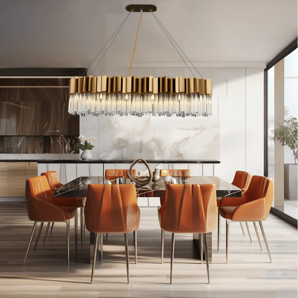 modern golden crystal lighting for dining room crystal pendant light with orange dining chair.