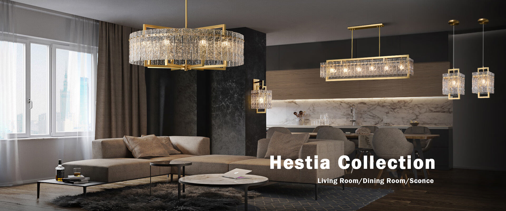 Hestia Collection's collection of photographs of full scenes showing the decorative effects of crystal lighting, crystal wall sconce.