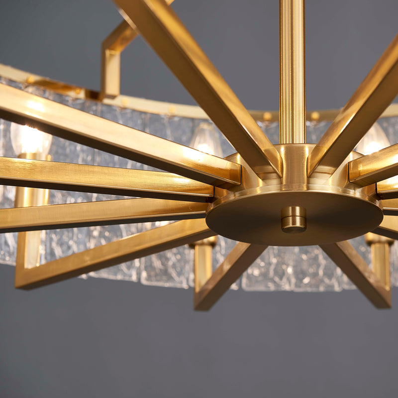 Hestia crystal lighting detailing showing the copper metal finishes detailing on the bottom of the chandelier.