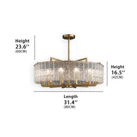 Large Size Hestia crystal round chandelier, pole height 23.6 inches, the crystal lighting lamp height 16.5 inches, lamp diameter 31.4 inches.