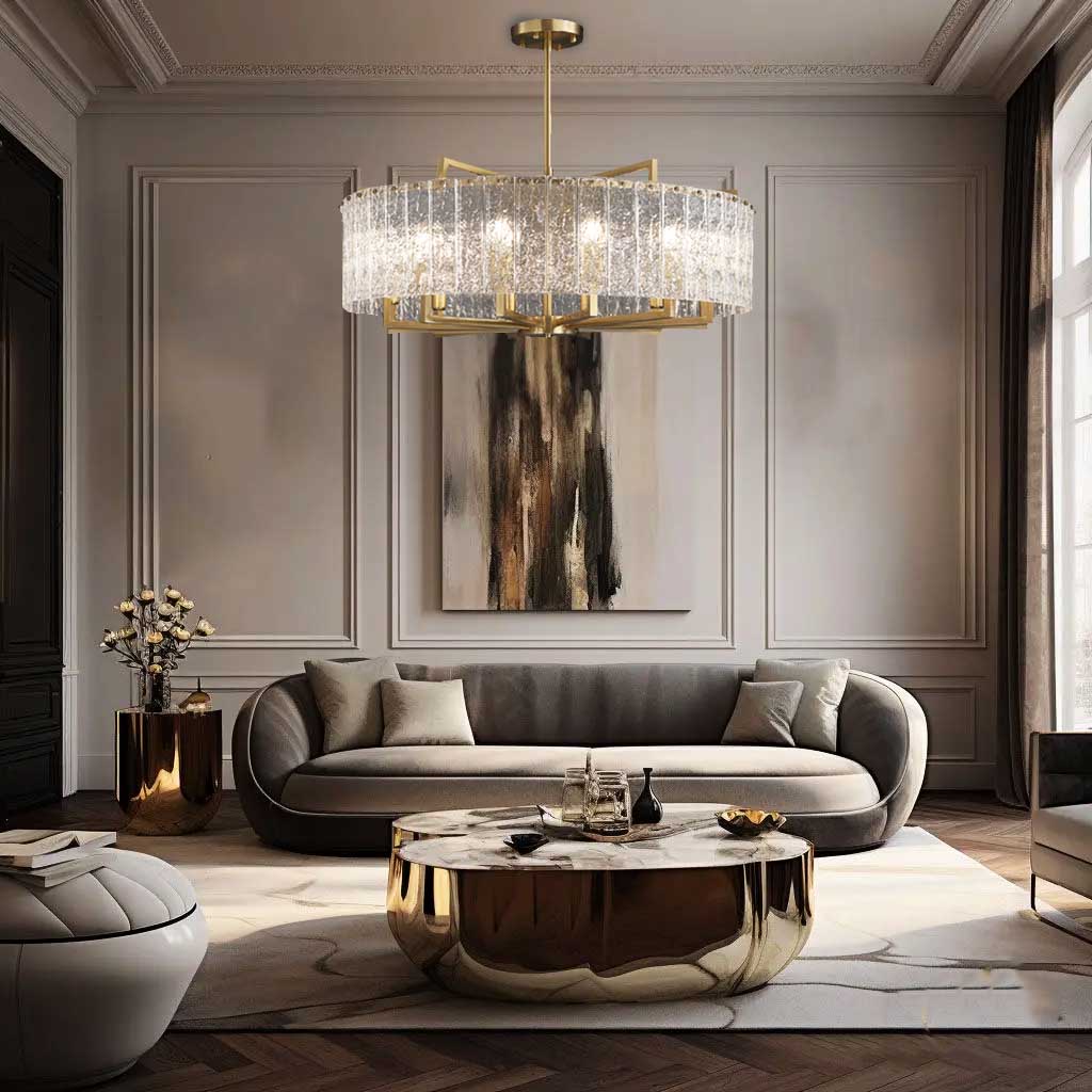 Hestia crystal round chandelier, the crystal lighting is shown in the living room above a modern style coffee table next to a matching gray sofa.