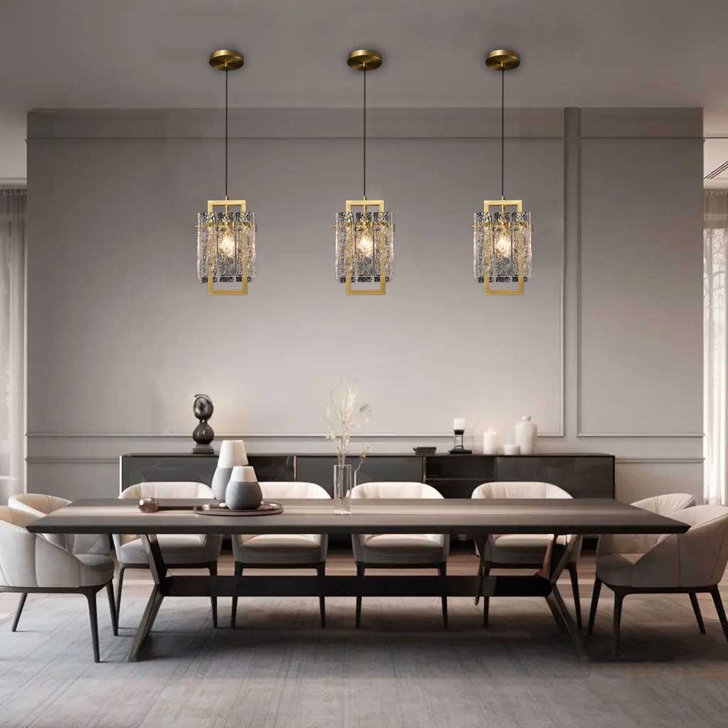 Hestia crystal small chandelier on display in the modern dining room, above the table.