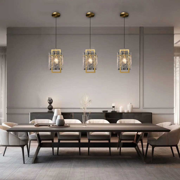 Hestia crystal small chandelier on display in the modern dining room, above the table.