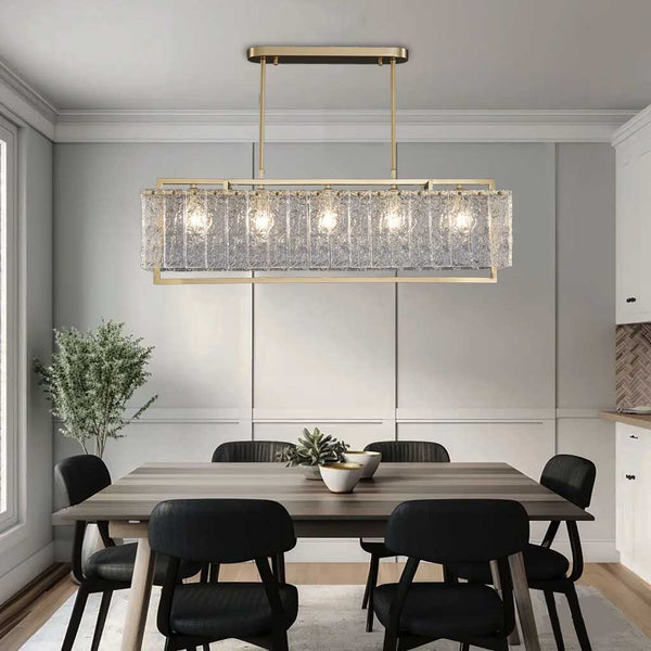 Luxurious crystal Hestia crystal pendant light above a contemporary style dining table.