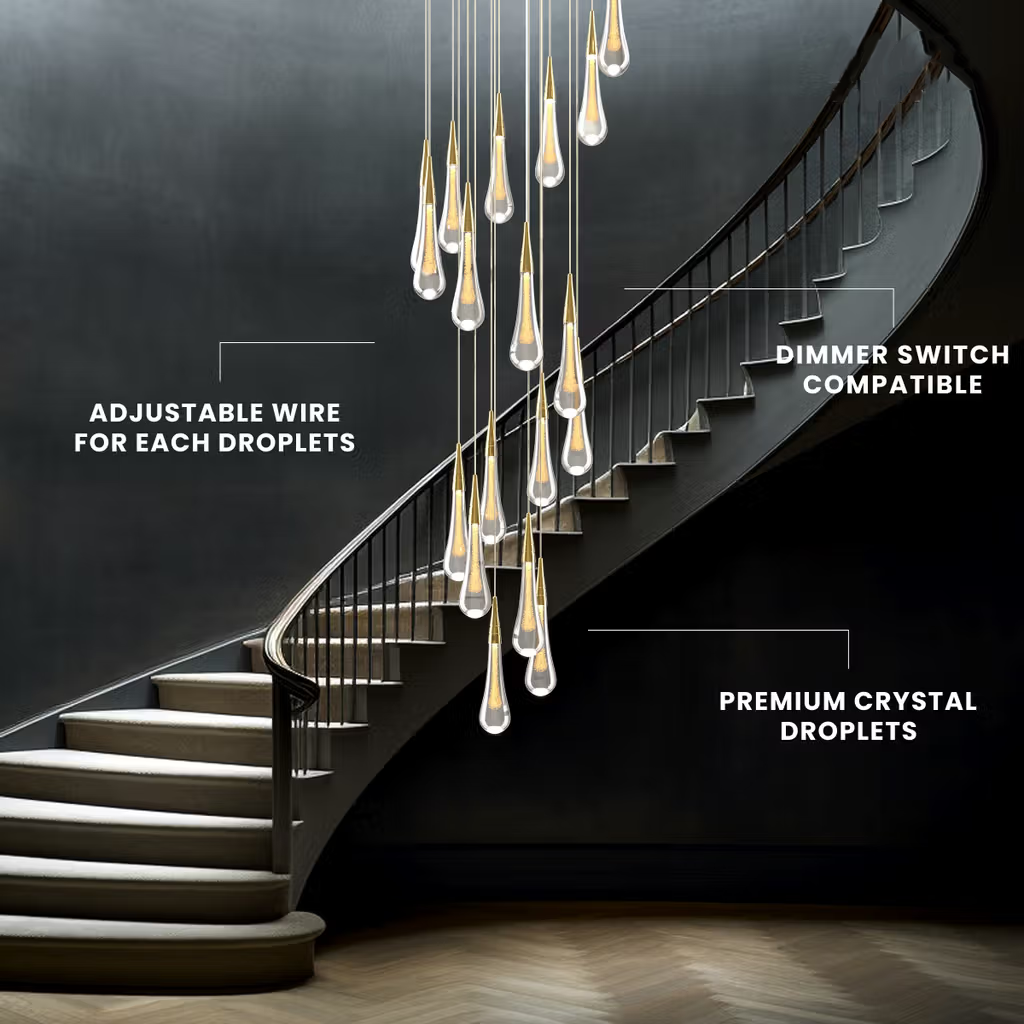 Indura Stair crystal lighting with Dimmer Support; Adjustable Chandelier Height; Premium Crystal.