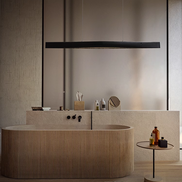 Lris Chinese Solid Wood Pendant Light in a wabi-sabi style bathroom.