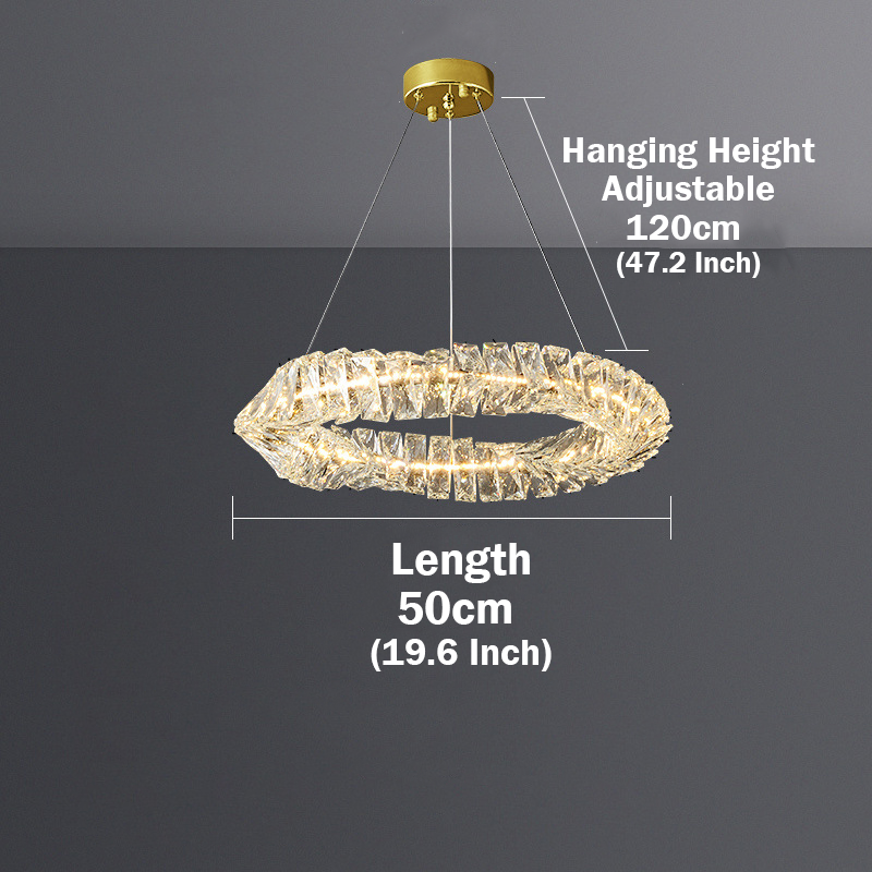 Dimensional drawing of the Troli round crystal chandelier with a light height of 47.2 inches and the crystal lighting Length of 19.6 inches.