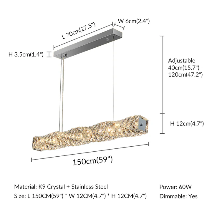 Dimensional drawing of the Troli crystal pendant light with a light height of 4.7 inches and the crystal lighting width of 59 inches.