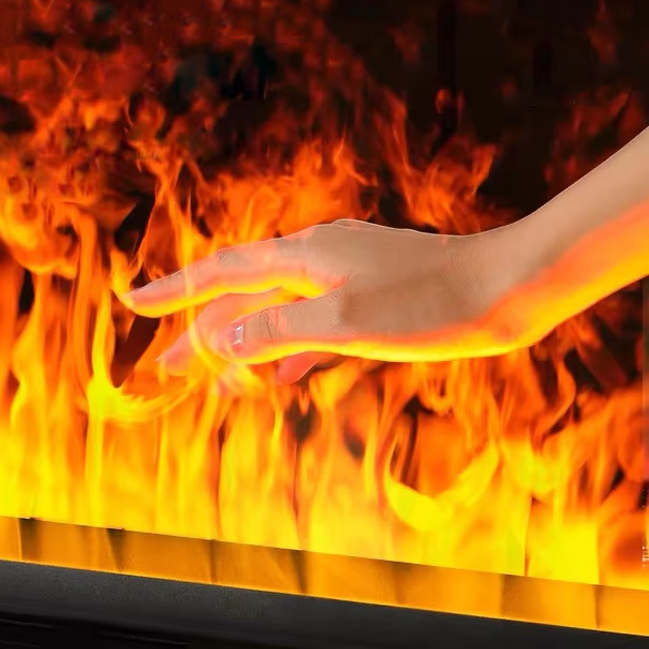 False flames generated by touching electric fireplace with mantel by hand