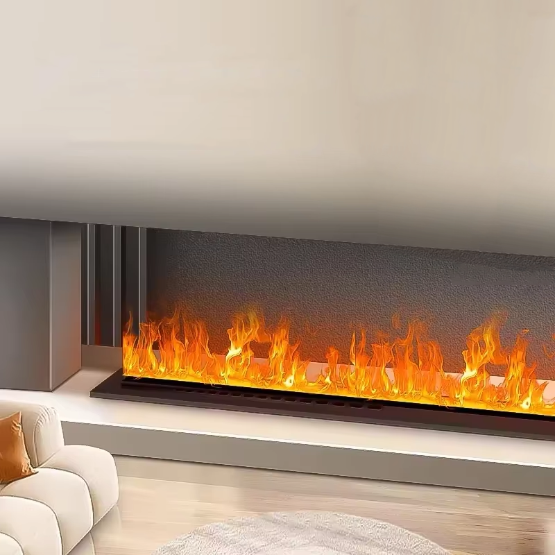 electric fireplace with mantel embedded in the TV cabinet in the living room