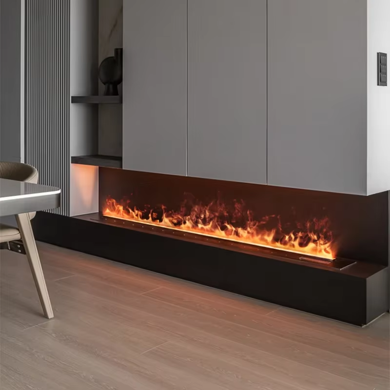 electric fireplace with red fake flume in dinning room