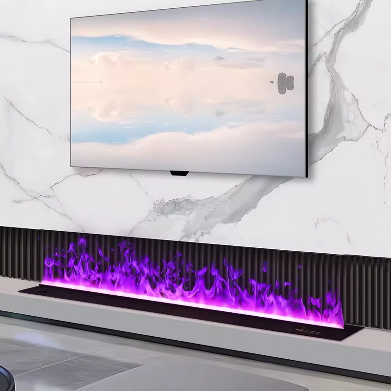 electric fireplace insert with Purple Flame in living room 