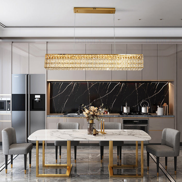 Cacci Gold Rectangular crystal chandelier,  crystal lighting in kitchen.