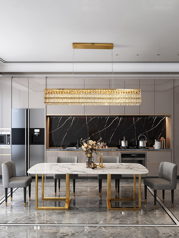 Cacci Gold Rectangular crystal chandelier,  crystal lighting in dinning room.