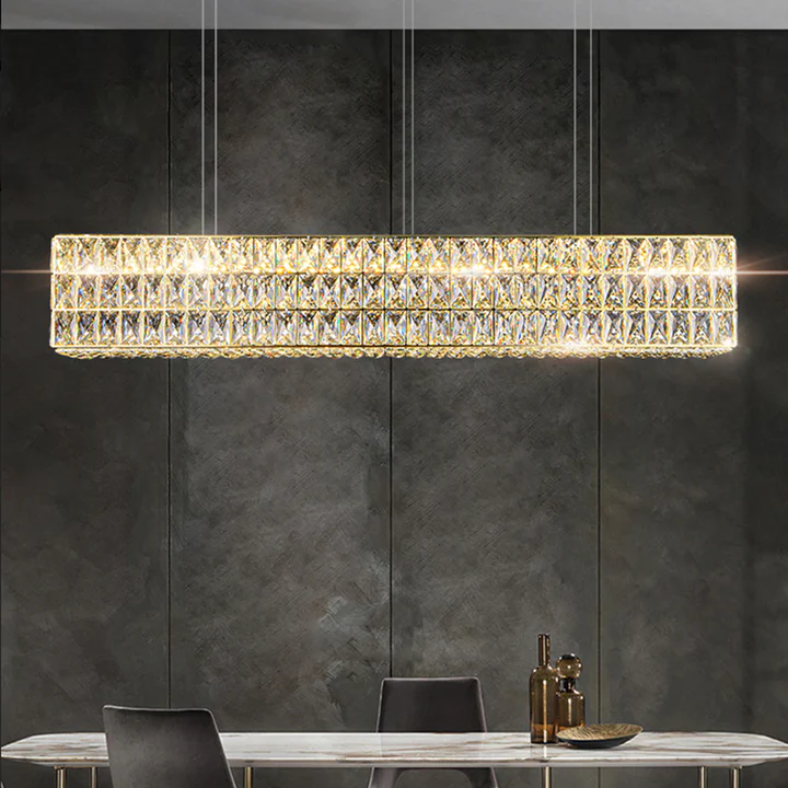 Cacci rectangular crystal chandelier and crystal lighting in dinning room.