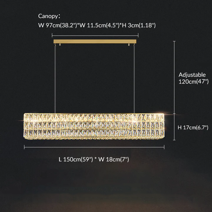 Cacci Gold Rectangular crystal chandelier, the size of crystal lighting is 59*7*6.7 inch, with adjutable hanging height.