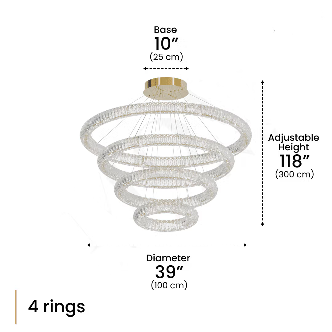 Size of ceiling Jana crystal circle pendant light, with hanging adjustable height for 118 inch, and the crystal lighting length is 39 inch.