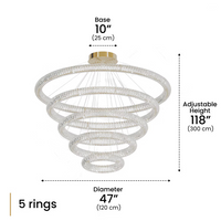 Size of ceiling Jana crystal circle pendant light, with hanging adjustable height for 118 inch, and the crystal lighting length is 47 inch.