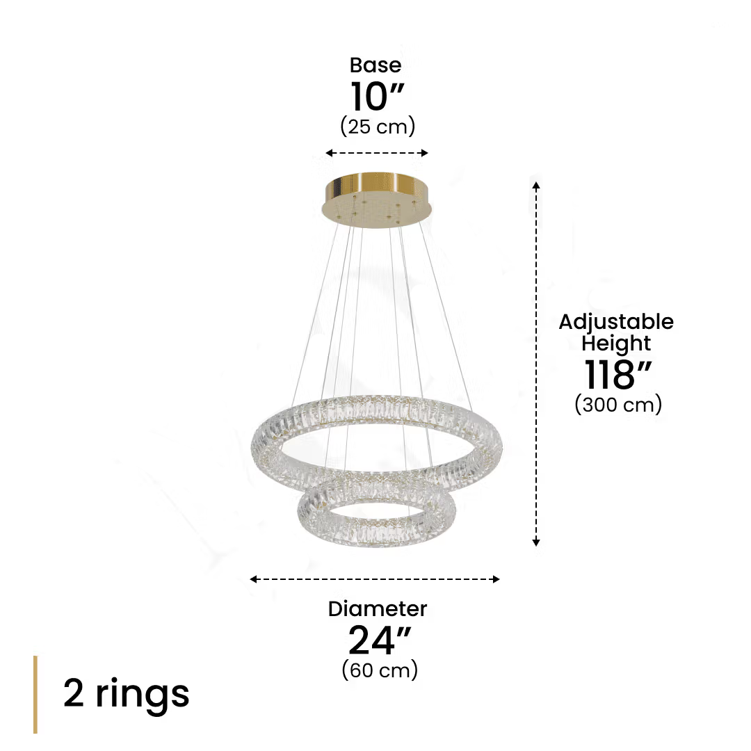 Size of ceiling Jana crystal circle pendant light, with hanging adjustable height for 118 inch, and the crystal lighting length is 24 inch.