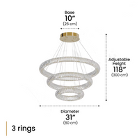 Size of ceiling Jana crystal circle pendant light, with hanging adjustable height for 118 inch, and the crystal lighting length is 31 inch.